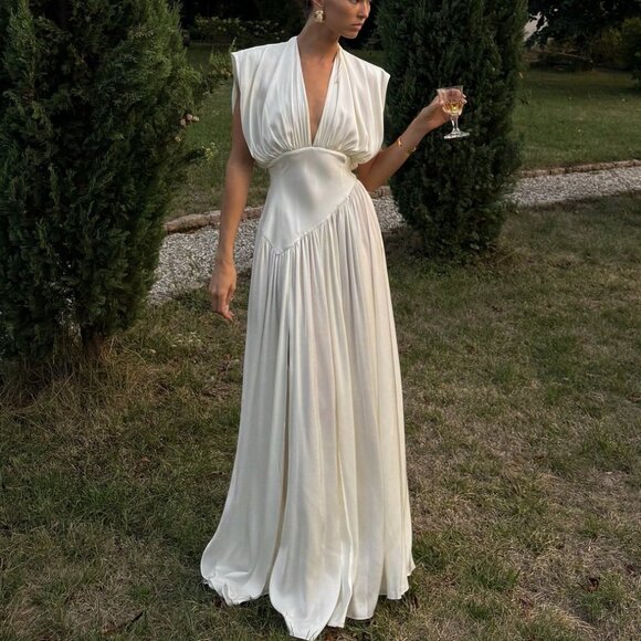holiday dress 2025 Backless V-Neck Ruched Tight Long Prom Dress with Slit– PromGirl main image 1